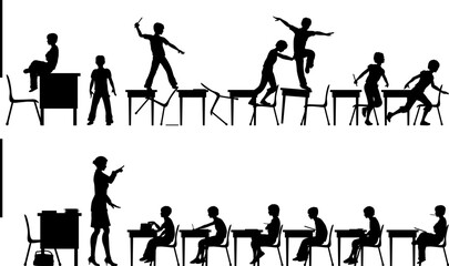 Editable vector silhouettes of two classroom scenes with all elements as separate objects