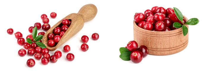 Cranberry with leaf in wooden scoop isolated on white background closeup