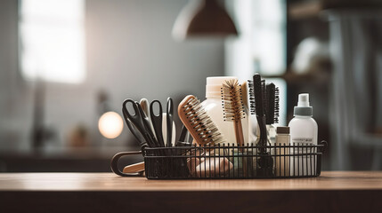 Hairdresser tools on wooden table with blurred beauty salon background. Generative AI