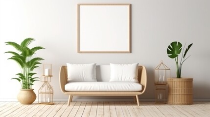 Fototapeta na wymiar Blank white frame mockup in living room interior background, Coastal boho style. Generative AI.