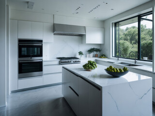 A modern and spacious kitchen, beautifully captured in a photography style reminiscent of architectural photographer Julius Shulman.
