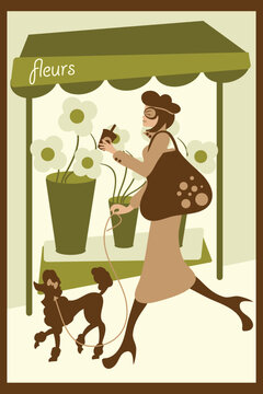 A vector illustration of a French lady shopping and drinking coffee while walking her dog.  Eps file is compatible with older versions of Illustrator.   Text is expanded, no fonts needed.