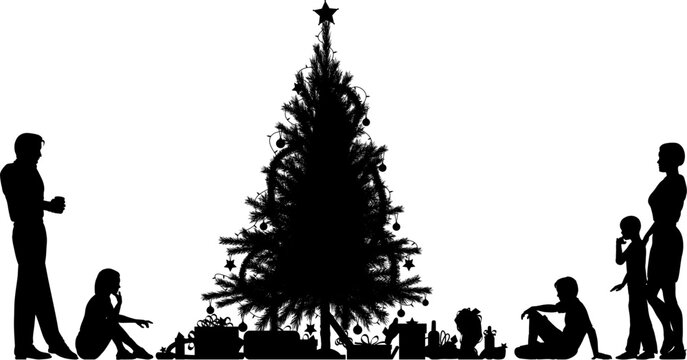 Editable vector silhouette of a family around a Christmas tree with all elements as separate objects