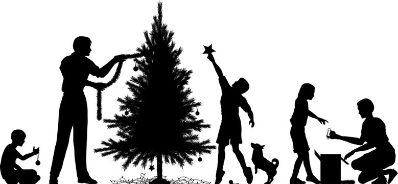 Editable vector silhouette of a family decorating a Christmas tree with all elements as separate objects