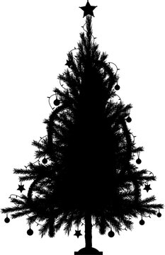 Editable vector silhouette of a detailed Christmas tree with tree and decorations as separate objects