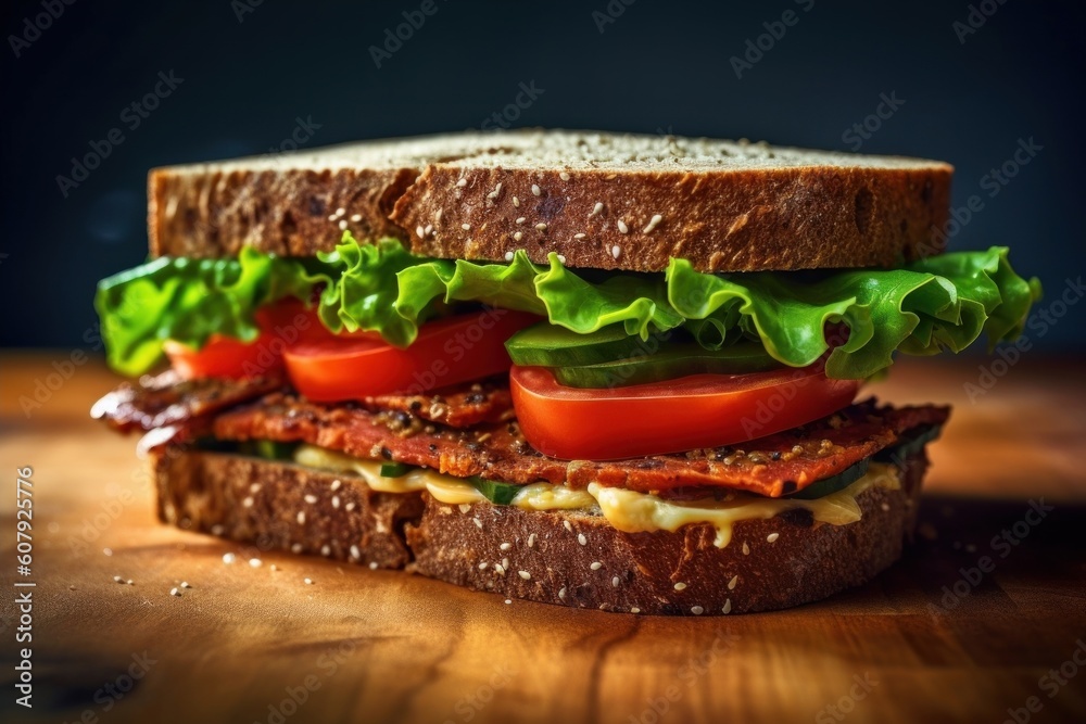 Wall mural sandwich with mustard spread, lettuce, and tomatoes on whole grain bread