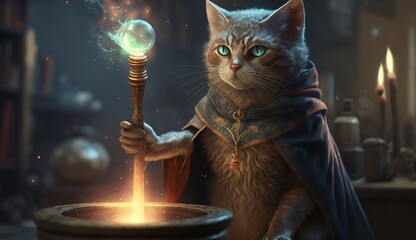 Cat wizard casting spell. Generative AI.