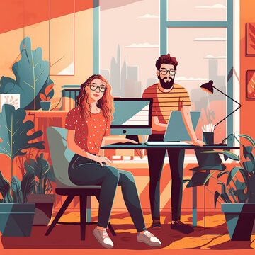 Working together on project. Two young man and woman working on computer