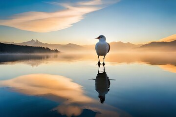 Bird at sunset on the lake
