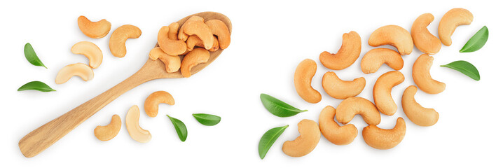 Roasted Cashew nuts in wooden spoon isolated on white background with full depth of field. Top view. Flat lay