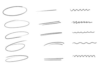 Set of dark grey pencil drawn circles, lines. Pencil style, handwritten, handmade. Curves. Web, typography.