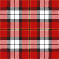 Red, black and white tartan plaid. Scottish pattern fabric swatch close-up. 