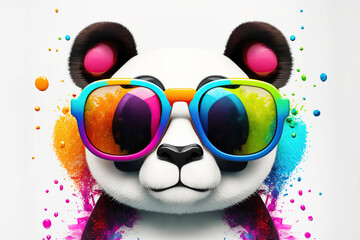 Cartoon colorful panda with sunglasses on white background. Created with generative AI