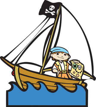 Simple children's boat image with boy in pirate costume.