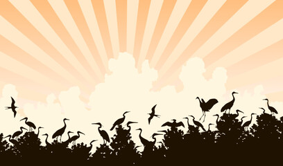Editable vector illustration of a waterbird colony in treetops