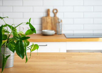 Wooden tabletop with flower pot and free space for product montage or mockup against blurred white kitchen with cutting board in scandinavian style