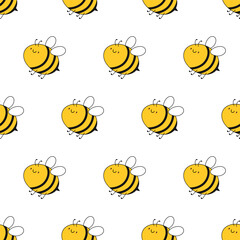 Cute bee character seamless pattern. Happy smiling honeybee, funny childish print. Vector illustration isolated on white background