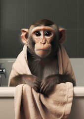 Monkey in Bath, monkey bathing in the bathtub, funny animal, bathroom Interior safari poster, generative ai