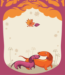 Two friendly Dachshunds, walking in the autumn park. With space for your text.