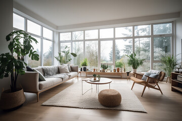 A living luxurary room of a beautiful bright modern Scandinavian style house, generative AI