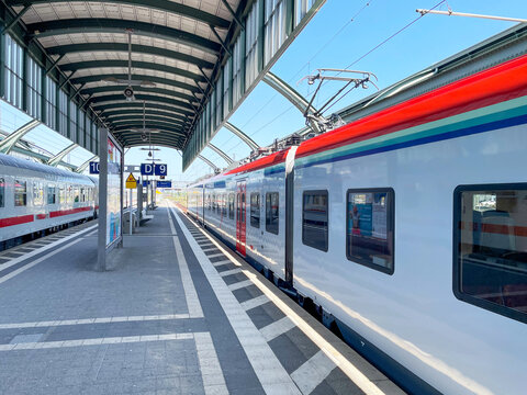 Frankfurt Darmstadt Germany - Empty train at platform on the German transport system on a sleepy Sunday. Close up macro shot for travel, tourism, train and commuter topics