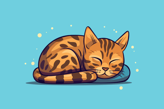 Doodle inspired Bengal cat sleeping on a warm spot, cartoon sticker, sketch, vector, Illustration