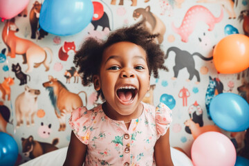 Portrait of adorable Black little girl in her room smiling. Generative AI.