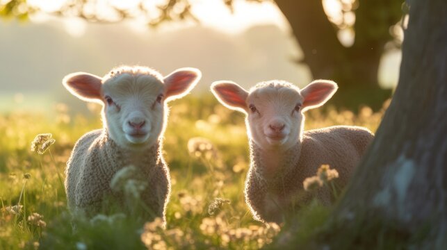 lambs in countryside in the sunshine. Generative AI