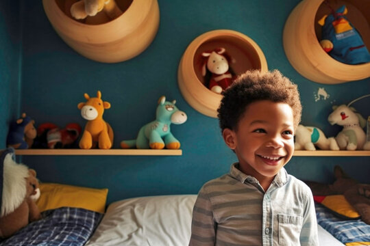 Portrait of cute little Black boy in his room with toys. Generative AI.