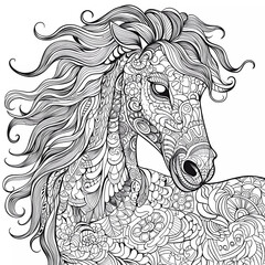 Zentangle unicorn outline, flowers and patterns