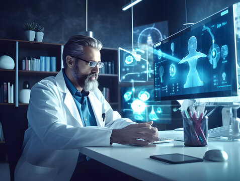 Future of healthcare with an image of a medical professional using telemedicine technology, remotely examining a patient and providing virtual healthcare services, Generated AI
