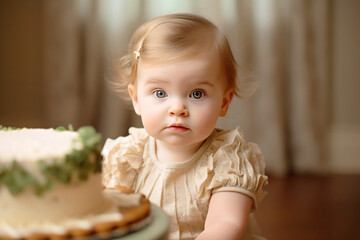 Fototapeta premium cute baby girl celebrates birthday one year, beautiful cake, in pastel green. Generative AI