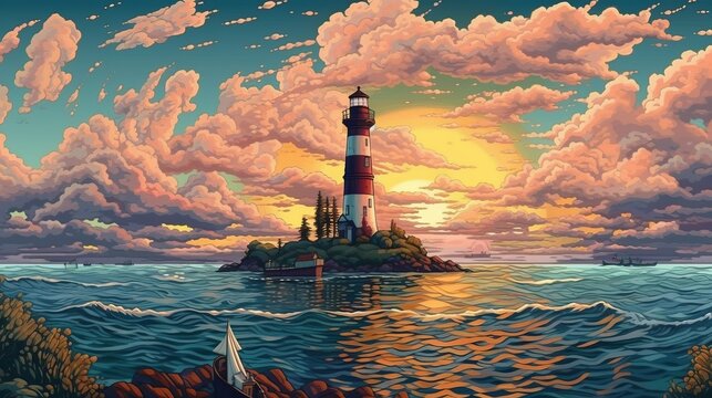 Landscape with lighthouse pixel art style. Generative AI