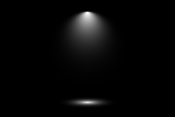 Realistic depiction of light. Stage light. Light from a lamp or spotlight. Illuminated scene. Black transparent background. Stock illustration.	