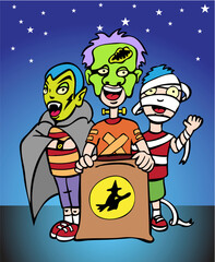 Three kids in costume dressed as a vampire, monster and mummy for Halloween - starry background - trick or treat.
