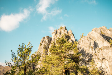 Panoramic view of Sulov village from Sulov castle ruins, Sulov rocks in the summer, (Sulovske skaly in slovak). National nature reserve, Slovakia.