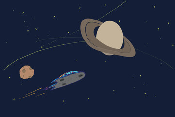 Obraz na płótnie Canvas Sun system planet Saturn with space ship on dark sky and stars on background