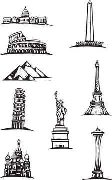 Black and White woodcut style illustration spots of great world buildings.