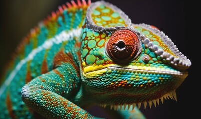  a close up of a colorful chamelon on a black background with a blurry effect to the camera lens and the head of the chamelon.  generative ai