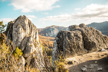 Panoramic view of Sulov village from Sulov castle ruins, Sulov rocks in the summer, (Sulovske skaly in slovak). National nature reserve, Slovakia.