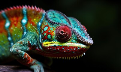  a colorful chamelon sitting on top of a wooden table next to a black background and a blurry image of its head and neck.  generative ai