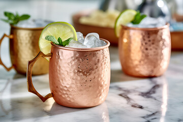 Moscow mule cocktail on marble table fresh garnish