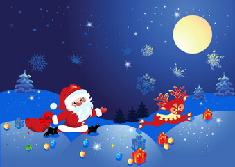 Fototapeta na wymiar Christmas night, and Santa Claus with deer