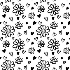 Vector seamless hand drawn flowers and hearts pattern. Floral card with leaves