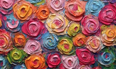 Obraz na płótnie Canvas a colorful painting of many different colors of paper flowers on a wall of multicolored paper flowers on a wall of multicolored paper flowers. generative ai