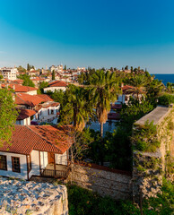 Aerial view of the old town of Kaleiçi in the Turkish city of Antalya. View of old houses in the popular tourist area of Antalya.