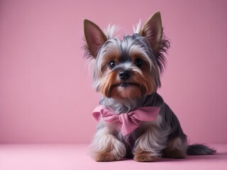 Funny cute yorkshire terrier sit on soft pink background. ai generative