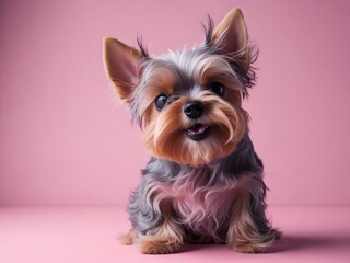 Funny cute yorkshire terrier sit on soft pink background. ai generative