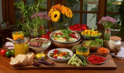 Obraz na płótnie Canvas a wooden table topped with lots of different types of foods and vegetables next to vases of flowers and fruit and vegetables on top of a cutting board. generative ai