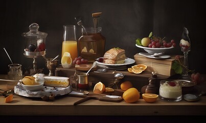 Fototapeta na wymiar a table topped with a cake covered in fruit and a bowl of oranges next to a jar of juice and a plate of fruit. generative ai